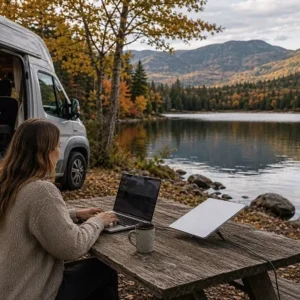 Woman working on a laptop at a wooden picnic table beside a camper van, with autumn trees and a calm lake in the mountains.