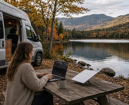 Starlink Mini Rentals in New York - North Sport Rentals Woman working on a laptop at a wooden picnic table beside a camper van, with autumn trees and a calm lake in the mountains.