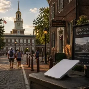 Pedestrian street in Philadelphia's Old City with visitors walking toward Independence Hall and a sign for Independence Visitor Center in view.