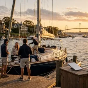 People gather on a dock beside a sailboat at sunset, preparing the boat for sailing on a calm harbor with a bridge in the distance.