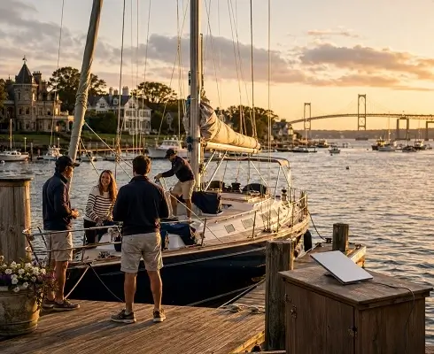 Starlink Mini Rentals in Rhode Island - North Sport Rentals People gather on a dock beside a sailboat at sunset, preparing the boat for sailing on a calm harbor with a bridge in the distance.