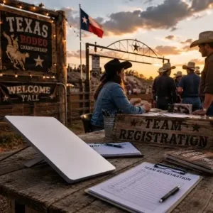Team registration desk at a Texas rodeo, with sign-in sheets and volunteers at sunset under a Texas flag and welcoming banners.