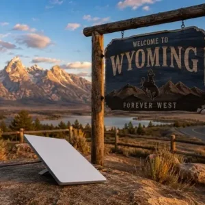 Wyoming welcome sign with rugged mountains in the background and a small portable solar panel on a rock nearby.