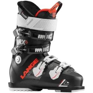 Black Lange ski boot with red accents, four metal buckles, white power strap, and RX 110 LV labeling against a white background.