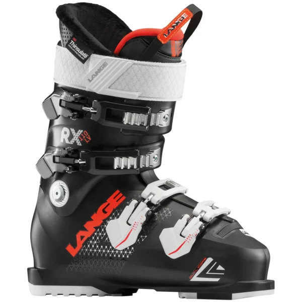 product-image-574831 - North Sport Rentals Black Lange ski boot with red accents, four metal buckles, white power strap, and RX 110 LV labeling against a white background.