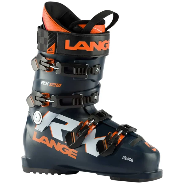 product-image-836641 - North Sport Rentals Lange RX 120 alpine ski boot in dark blue with orange accents and three buckles, showing a power strap at top.