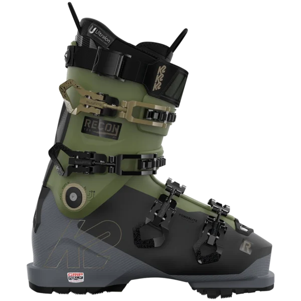 product-image-904632 - North Sport Rentals High-performance olive-green/black ski boot with multiple buckles and Power Strap, labeled RECON 120 MV, mounted with black bindings on a gray sole.