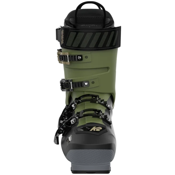 product-image-904633 - North Sport Rentals Front-facing olive-green snowboard boot with black padded cuff, two ratchet buckles, and a gray sole (K2 branding).