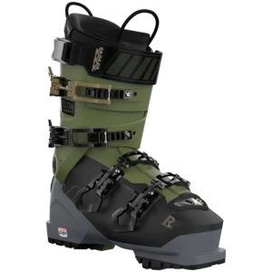 Olive-green snowboard boot with black bindings and ratchet straps, shown in profile.