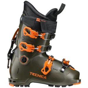 Tecnica ski boot in olive green with bright orange buckles and black straps, side view highlighting bindings and sole grip