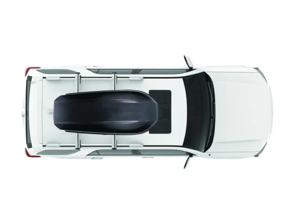 402eba9b-27b6-4cda-bdcb-2624a9d21db6_1296x - North Sport Rentals Top-down view of a white SUV with a dark aerodynamic roof box mounted on a roof rack.