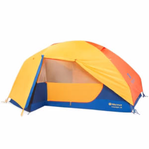 Marmot Limelight 3P camping tent in yellow, orange, and blue with front vestibule open.
