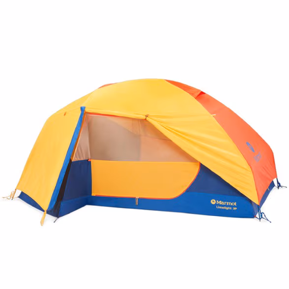 45f381de-19c9-460e-aef9-292d0b2370b4 - North Sport Rentals Marmot Limelight 3P camping tent in yellow, orange, and blue with front vestibule open.