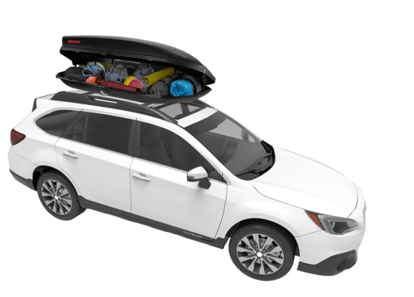 54fec5fe-1adb-47be-93a3-f7e293a66c4e_1296x - North Sport Rentals White SUV with a roof cargo box open, showing packed camping gear and bags on top of the vehicle