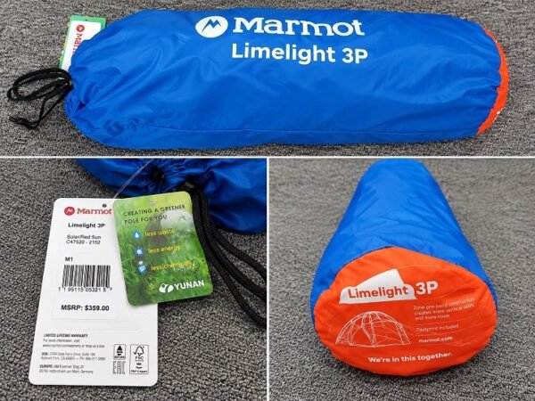 Marmot Limelight 3 person tent - North Sport Rentals Blue Marmot Limelight 3P tent carry bag with orange end and attached tags on a gray carpet.