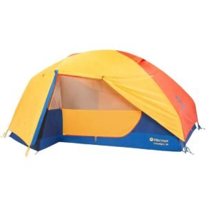 Two-person Marmot Limelight 2P camping tent in yellow, orange and blue with open front entrance showing the interior