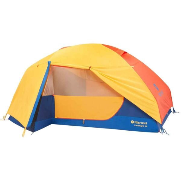 marmot-limelight-2-person-backpacking-tent-solarred-sun-1701687-1 - North Sport Rentals Two-person Marmot Limelight 2P camping tent in yellow, orange and blue with open front entrance showing the interior