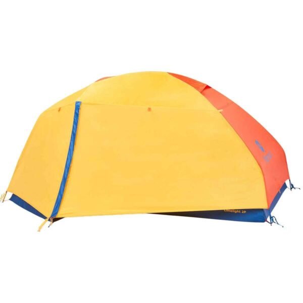 marmot-limelight-2-person-backpacking-tent-solarred-sun-1701687-2 - North Sport Rentals Yellow and orange dome camping tent with blue accents on a white background.