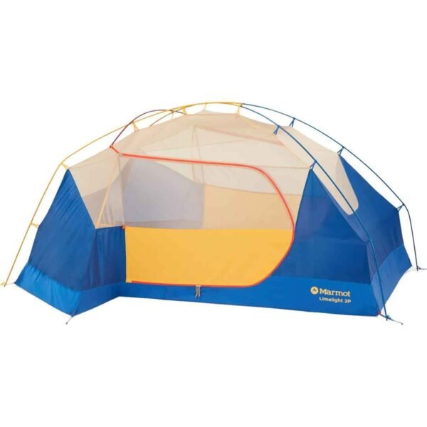 marmot-limelight-2-person-backpacking-tent-solarred-sun-1701687-3 - North Sport Rentals Two-person Marmot Limelight 2P camping tent in blue and yellow with open mesh door and orange zipper edge on a bright day.