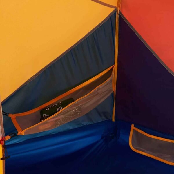 marmot-limelight-2-person-backpacking-tent-solarred-sun-1701687-4 - North Sport Rentals Interior of a colorful camping tent with yellow and orange walls, blue floor, and a mesh storage pocket along the side.