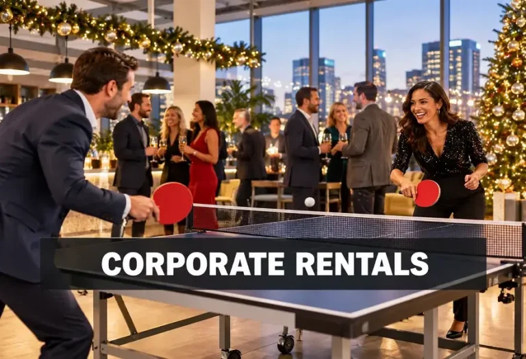 Corporate event rentals with ping pong table at a winter holiday party