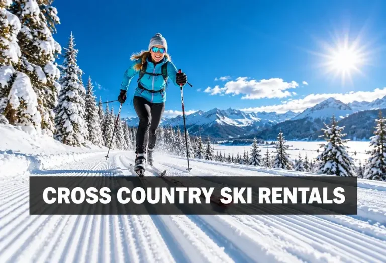 Cross country ski rental equipment used on a groomed snowy trail
