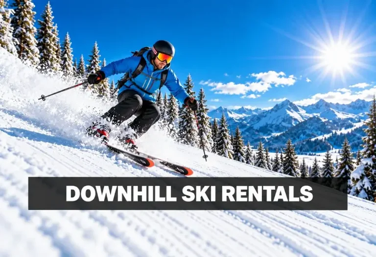 Downhill ski rentals with skier riding on a snowy mountain slope
