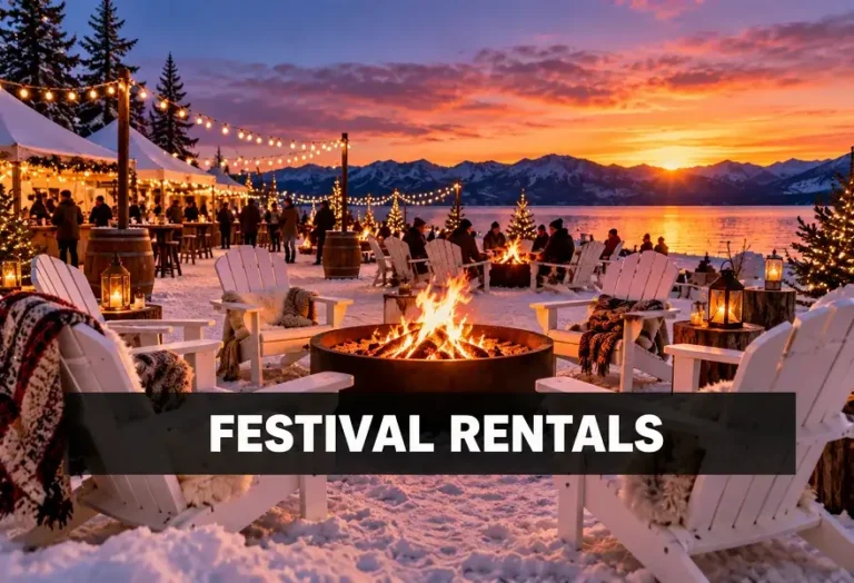 Winter festival rentals with fire pit and Adirondack chairs
