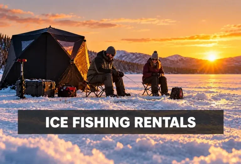 Ice fishing rental equipment with shelter on a frozen lake