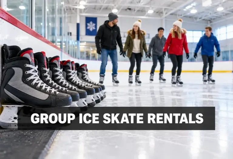 Group ice skate rentals at an indoor ice arena