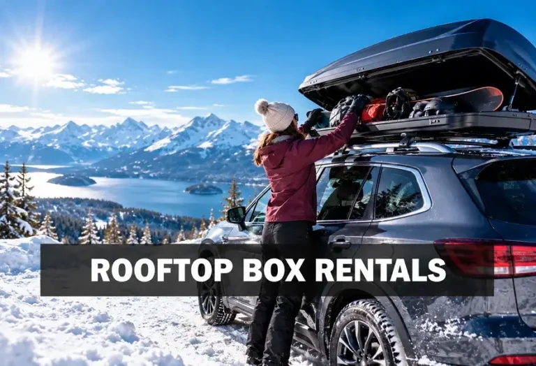 Rooftop cargo box rental mounted on SUV in snowy mountains