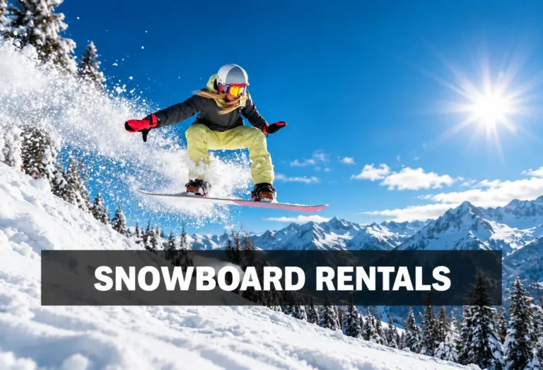 Snowboard rentals with snowboarder riding in snowy mountains