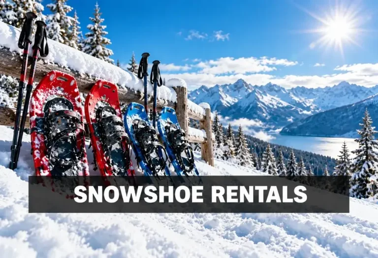 Snowshoe rentals with snowshoes and trekking poles in snowy mountains