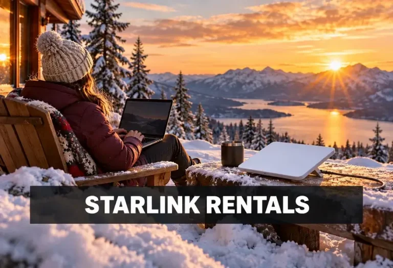 Starlink Mini rental setup outdoors in a snowy mountain location