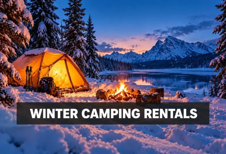 Winter camping rental setup with tent and campfire in snowy mountains