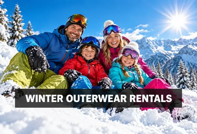 Family wearing winter outerwear in snowy mountain setting